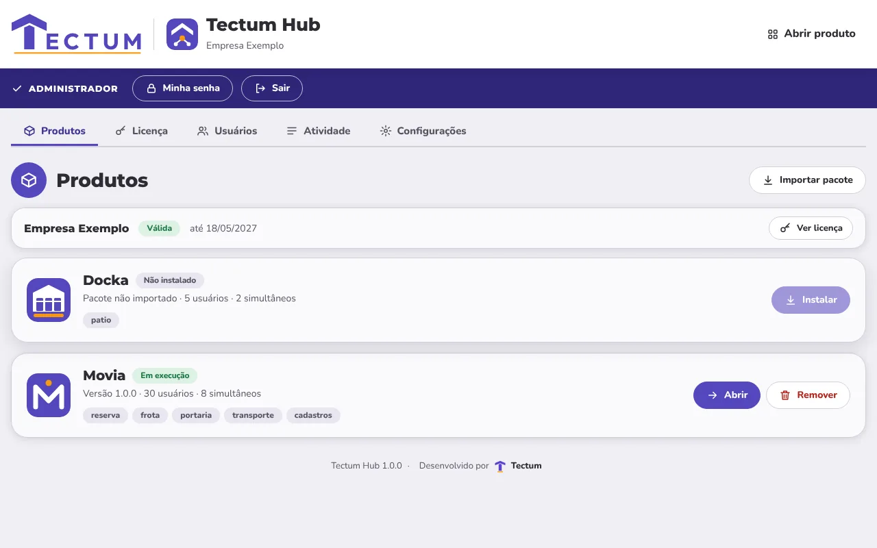 Tela de produtos do Tectum Hub, com o Movia em execução e o Docka disponível