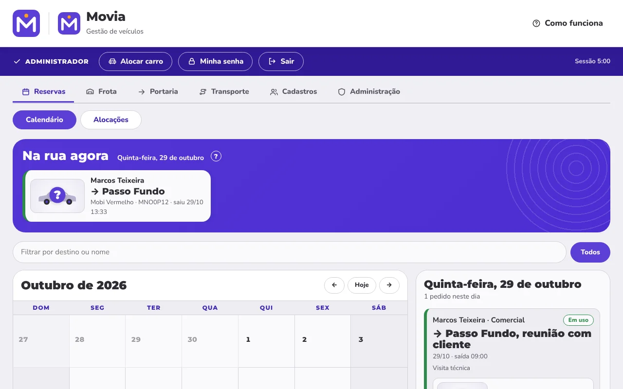 Tela de reservas do Movia, com calendário do mês e carro em uso no momento